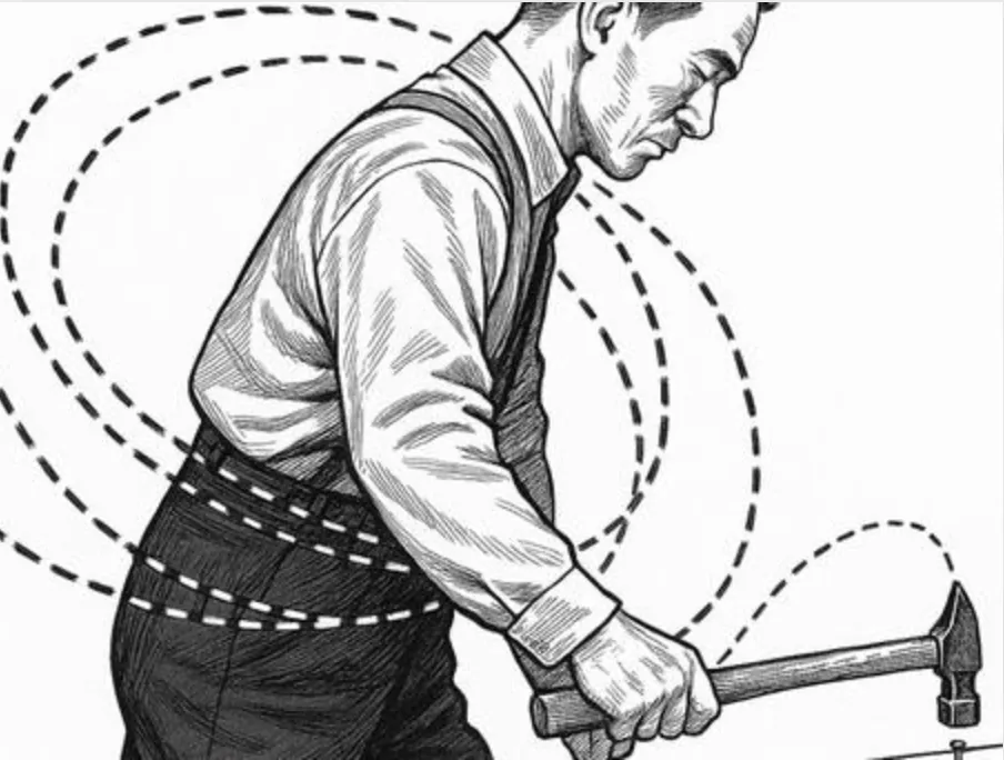 Drawing of a man swinging a hammer at a nail, with dashed lines tracing the different paths his arm and the hammer can take