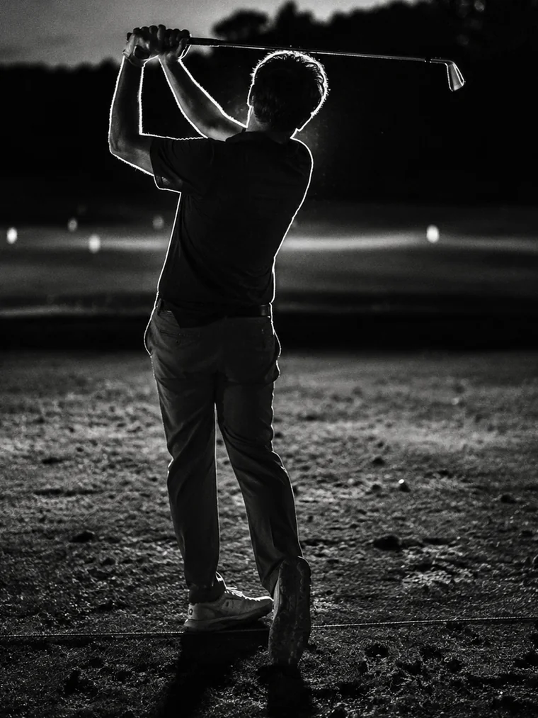 A golfer alone on a range at dusk, at the finish of a swing