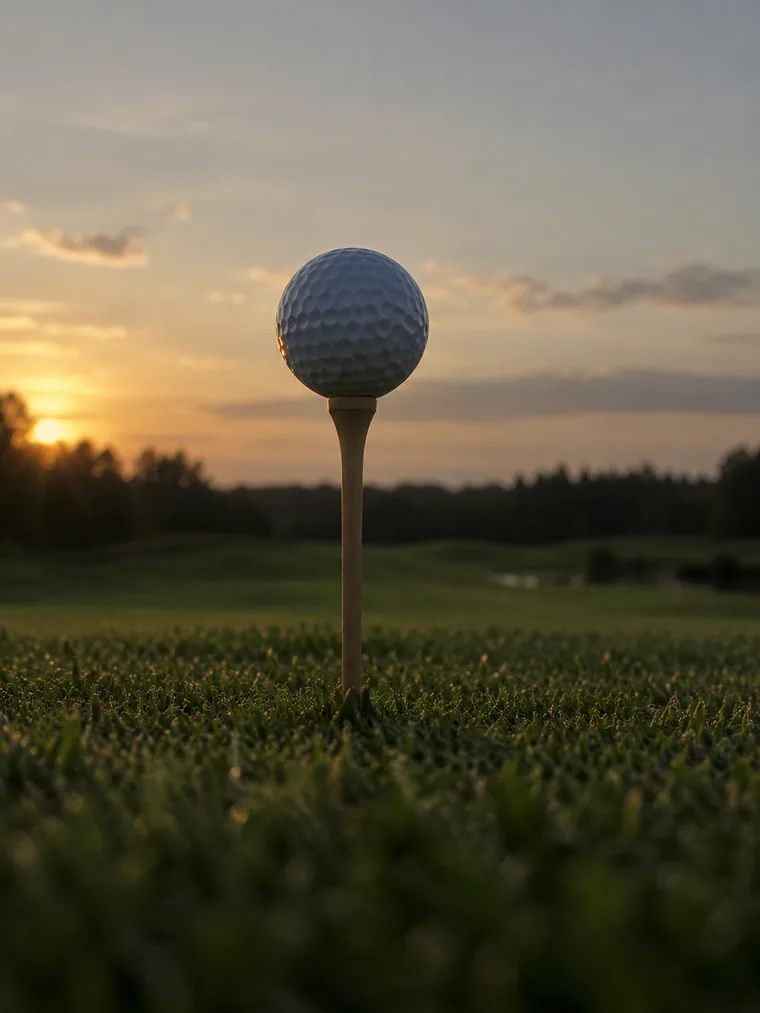 A golf ball teed up unusually high, against a dusk sky
