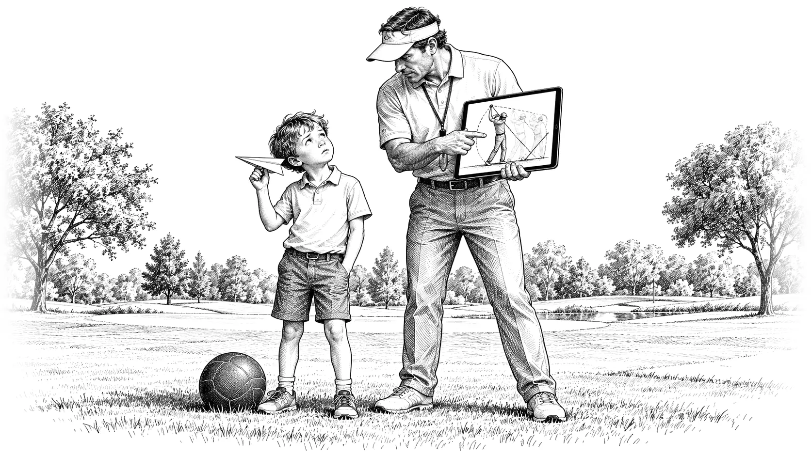 Drawing of a golf instructor holding up an iPad full of swing analysis for a young boy, who holds a paper plane and looks up at him, baffled. A medicine ball sits on the grass at the boy’s feet.